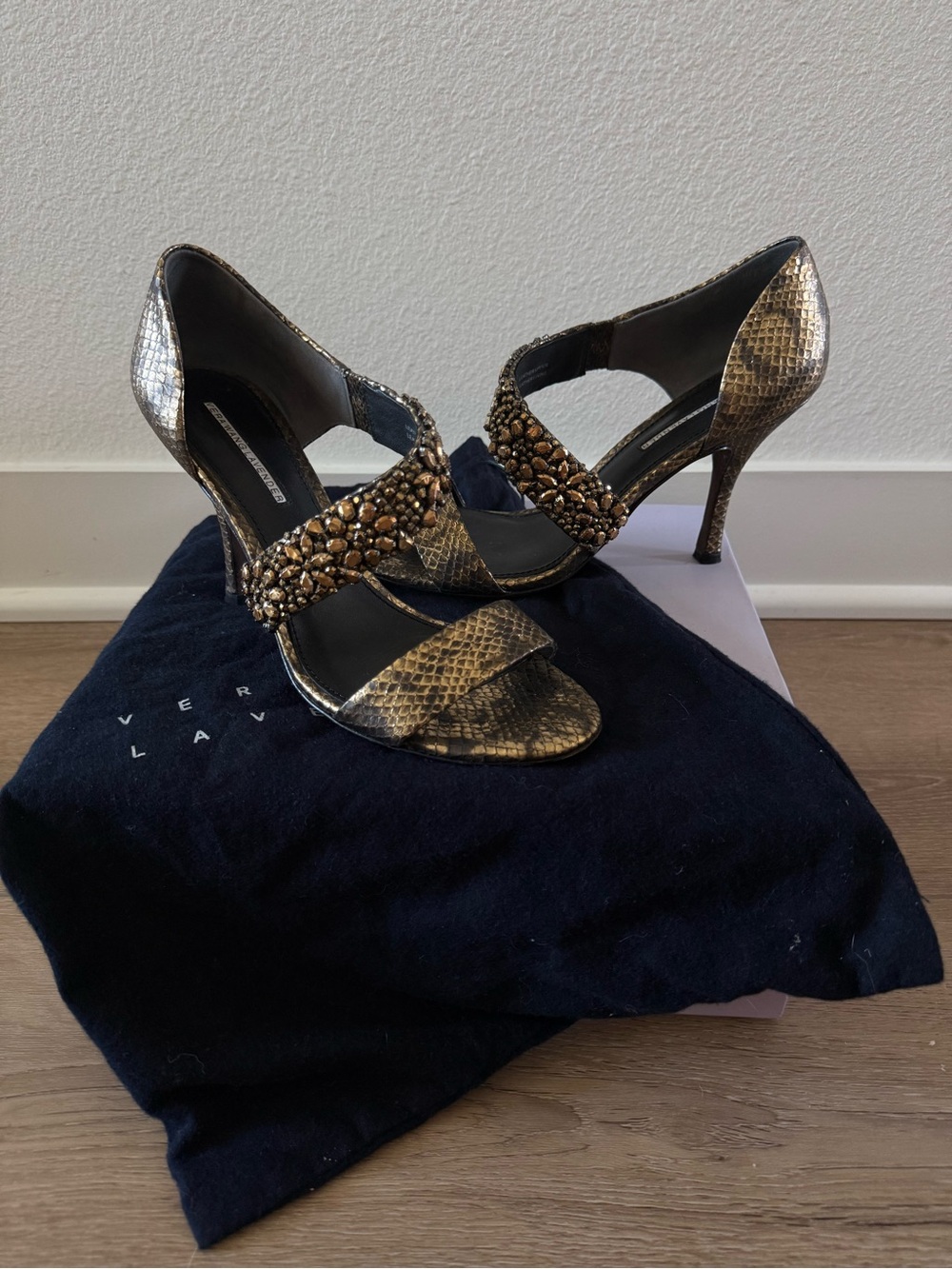 Vera Wang Lavender Label Elroy Mekong Snake Leather Embellished Sandals Heels
